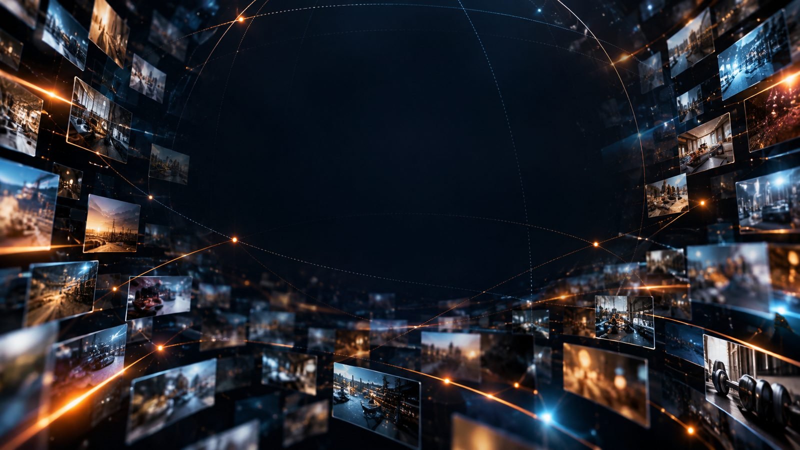A network of business photos connected by glowing lines across a dark digital globe, representing the Visual Discovery Network